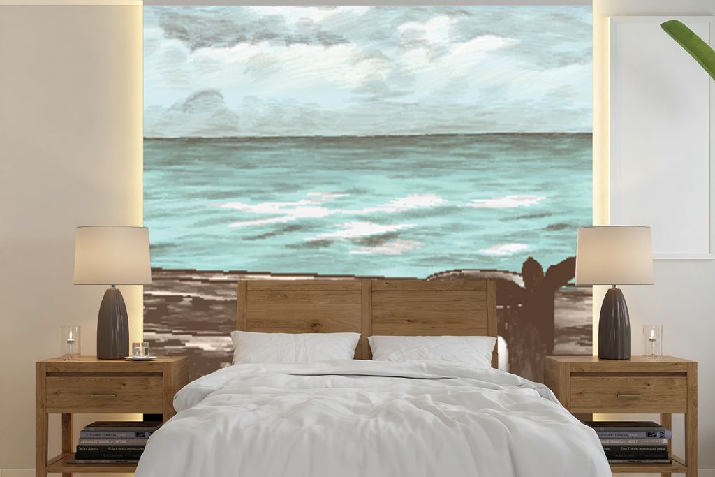 MuchoWow Fototapete für Wohnzimmer oder Schlafzimmer Wandtapete Vinyl Motivtapete Meer - Tee - Becher - 300x300 cm - Wanddekoration