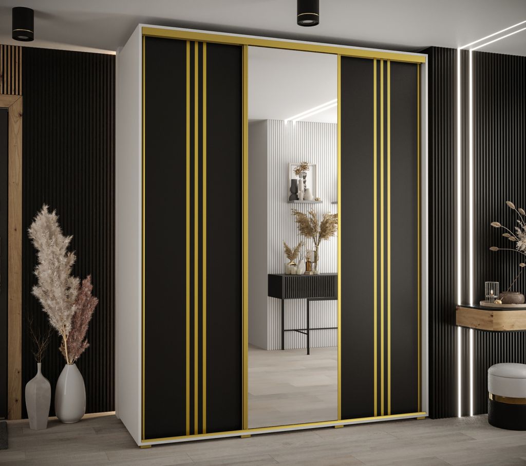 Kleiderschrank YVONA 7 – 200/60 cm, weiß/schwarz/gold