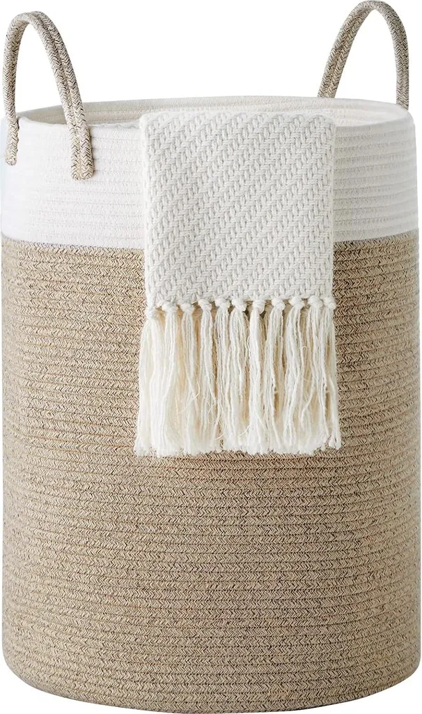 Panier à linge tressé Collectionneur en coton blanc et marron fait main