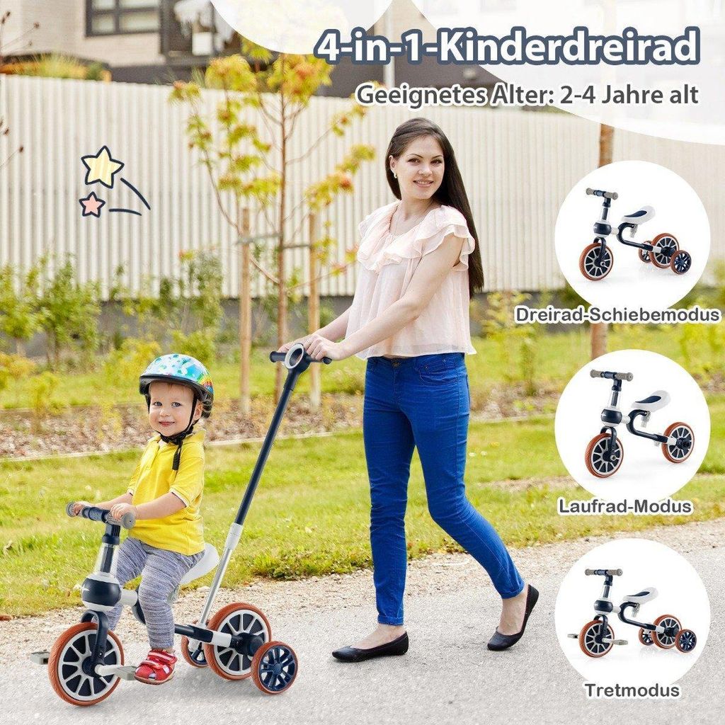 Kinderrad 4-in-1-Vorschulrad mit Eltern-Schiebegriff 37 x 72 x 101 cm Marine
