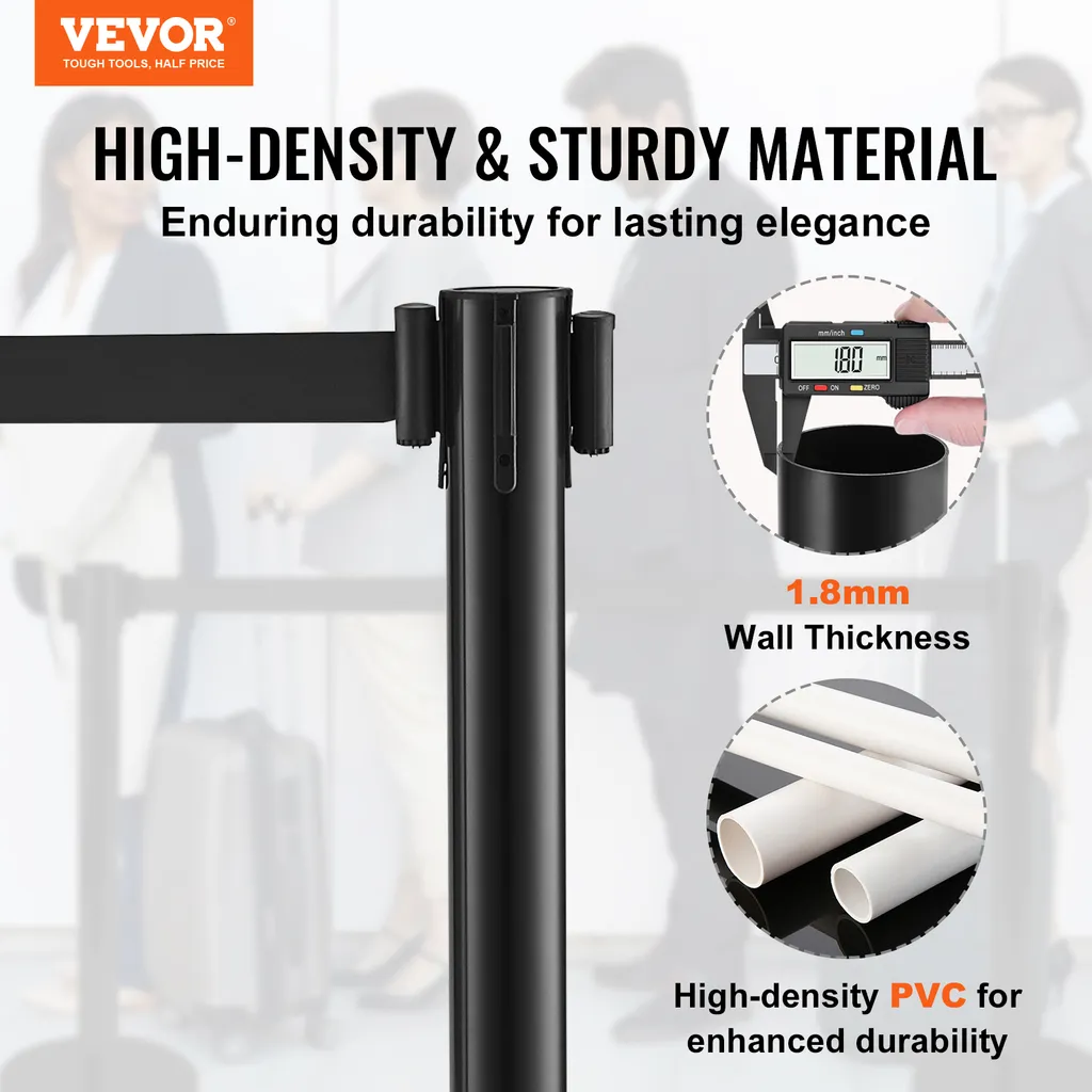 Poteau de Délimitation PVC Robuste et Sangle Rétractable Noire de 2 Mètres