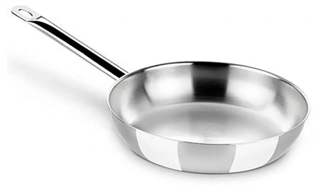 A stainless steel frying pan on a white background.