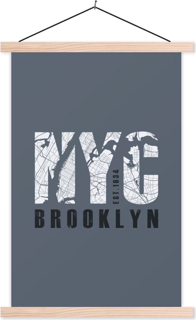 MuchoWow Textilposter New York - Blau - Karte 40x60 cm mit holzfarbenen Rahmen - Poster