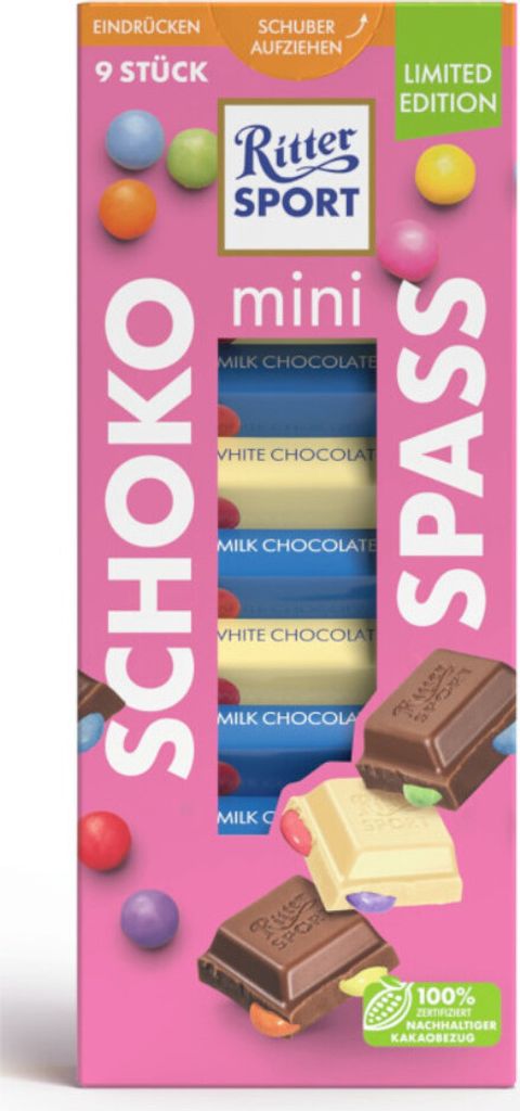 A pink box of Ritter Sport mini chocolates with colorful chocolate lentils.