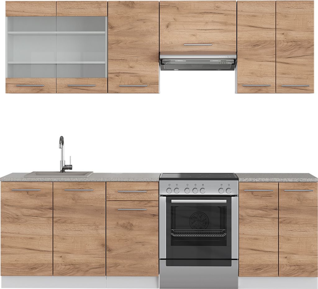 Küchenzeile Vicco Fame-Line Goldkraft Eiche/Weiß 240 cm ohne Arbeitsplatte, Model 38662