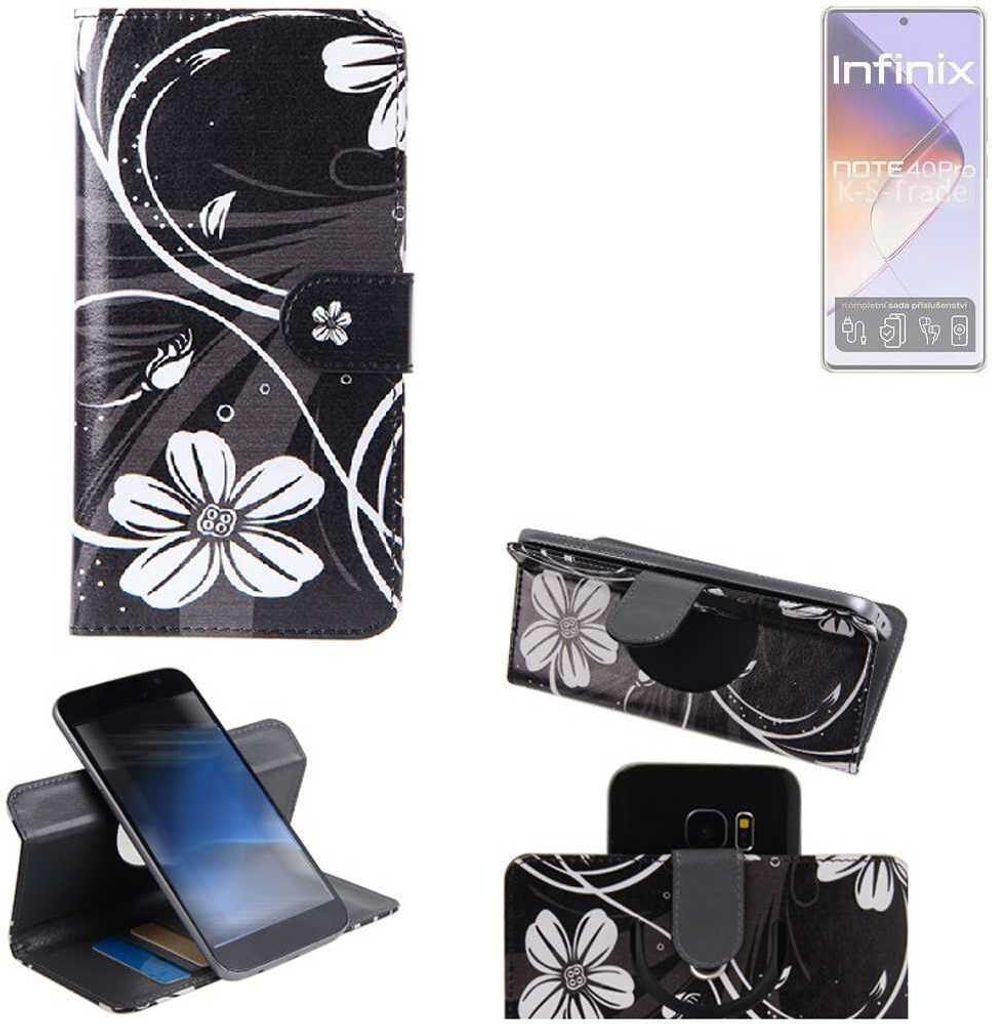 K-S-Trade Schutzhülle Handyhülle kompatibel mit Infinix Note 40 Pro 5G Hülle 360° Wallet Case “Flowers“ Klapphülle Hülle schwarz-weiß 1x