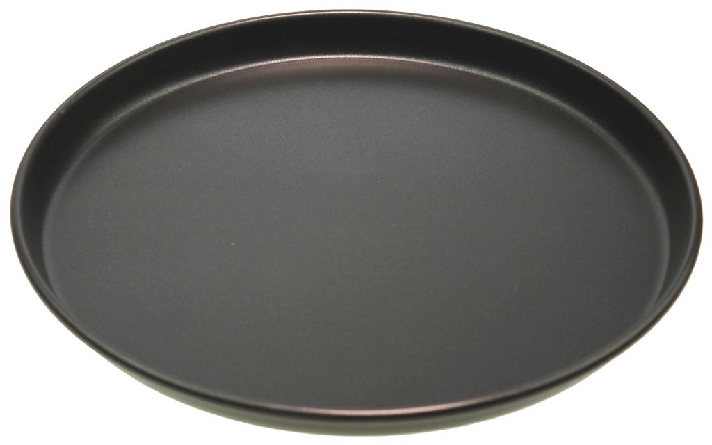 A black, round baking dish with a slightly raised rim, shown from a diagonal angle against a white background.