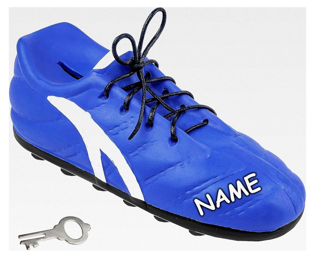 3D Effekt Spardose - Fußballschuh - blau & weiß - inkl. Name - mit Schlüssel und Schloss - mit echten Schnürsenkeln - 23 cm - stabil