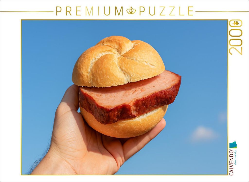 CALVENDO Puzzle Hand hält Leberkässemmel vor blauem Himmel | 2000 Teile Lege-Größe 90x67cm Foto-Puzzle für glückliche Stunden