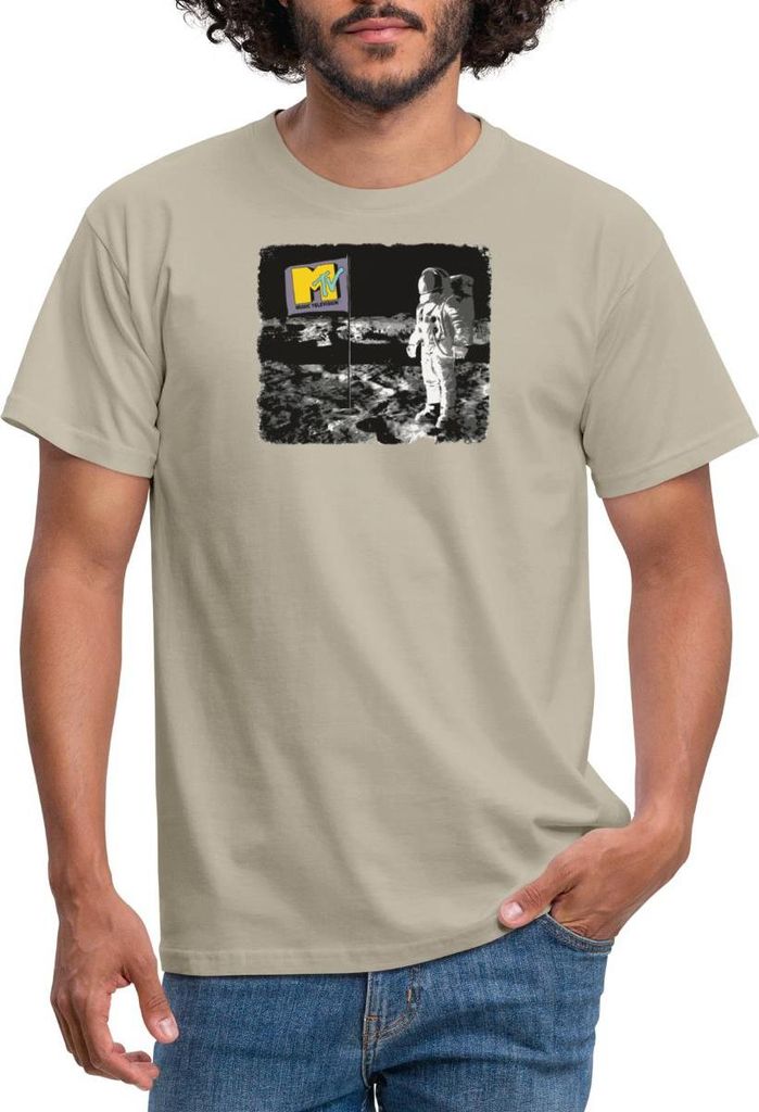 Spreadshirt MTV Astronaut Auf Dem Mond Mit MTV-Flagge Männer T-Shirt, S, Sandbeige