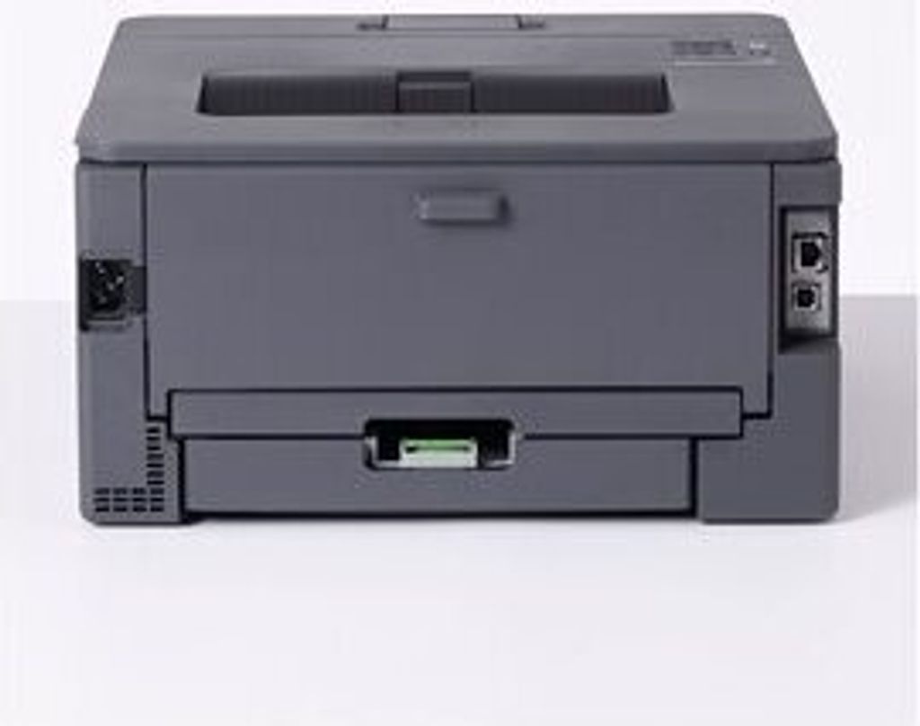A gray Brother laser printer is shown from the front on a white background.