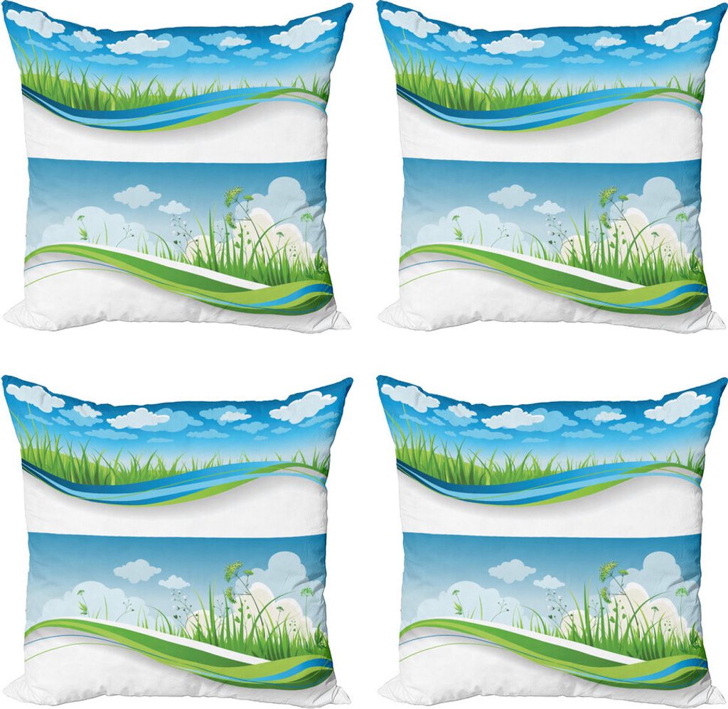 ABAKUHAUS Natur Kissenbezug Set (4 Stück), Frische Summer Fields Eco, Moderner Doppelseitiger Digitaldruck, 50 cm x 50 cm, Blau, Grün und Weiß