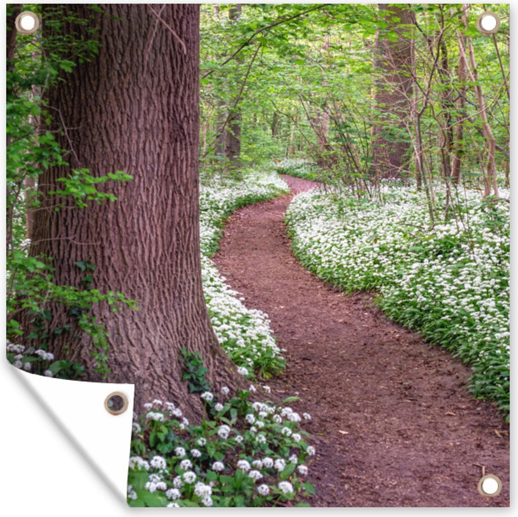 MuchoWow 100x100 cm Outdoor-Poster Gartendeko Sichtschutz Garten Poster für den Garten Wald - Weg - Blumen - Weiß