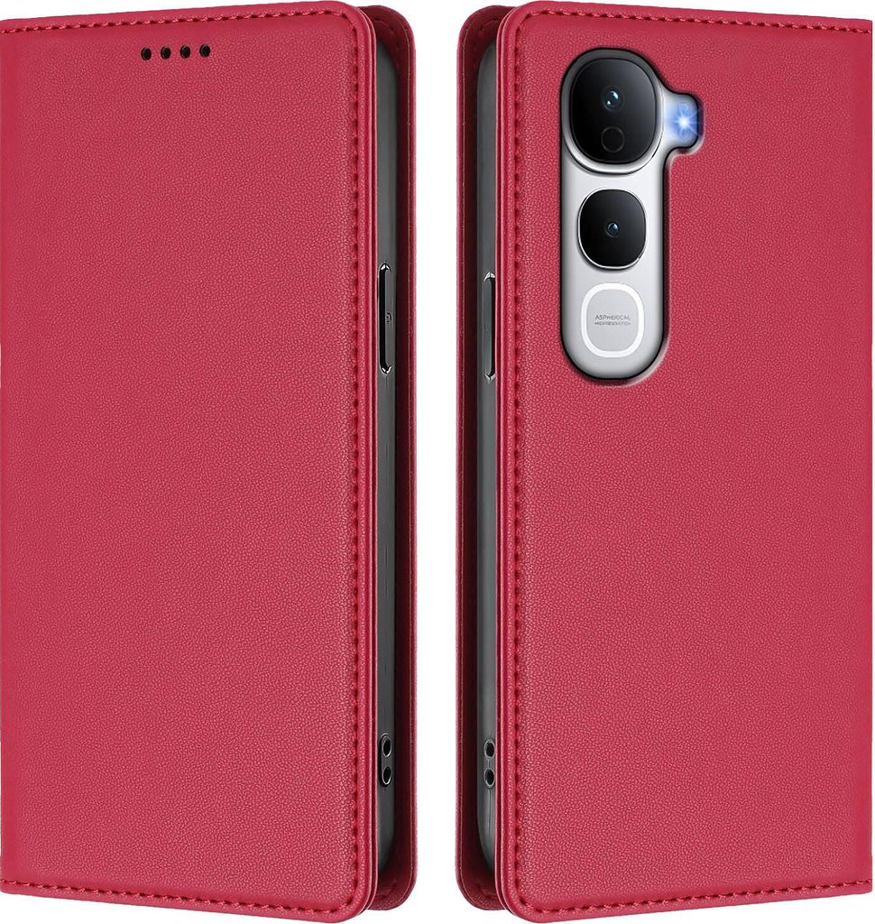 Handyhülle für Vivo Y400 Pro, Kunstleder Klapphülle Stoßfeste Magnetische Hülle mit Ständer Rot