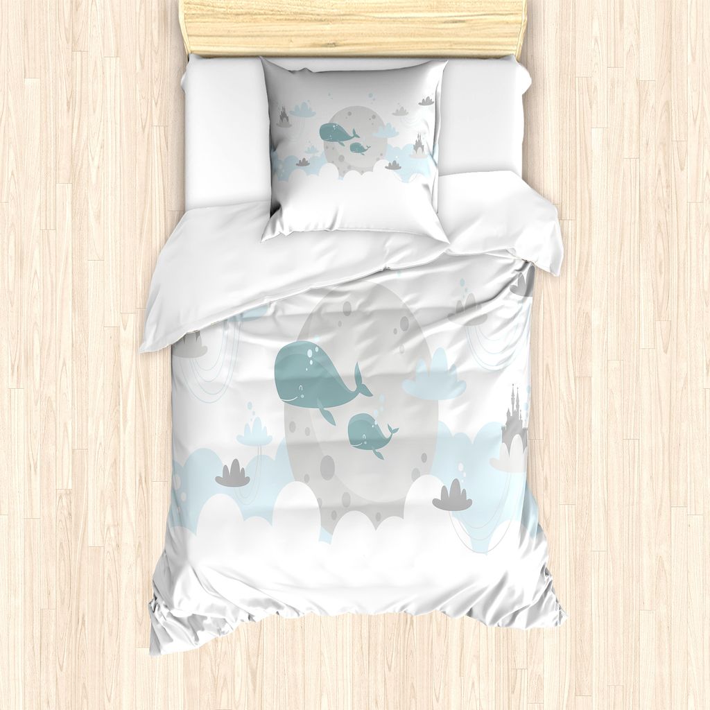 ABAKUHAUS skandinavisch Bettbezug Set für Einzelbetten, Wale Mond Schlösser, Milbensicher Allergiker geeignet mit Kissenbezug, 135 cm x 200 cm - ...