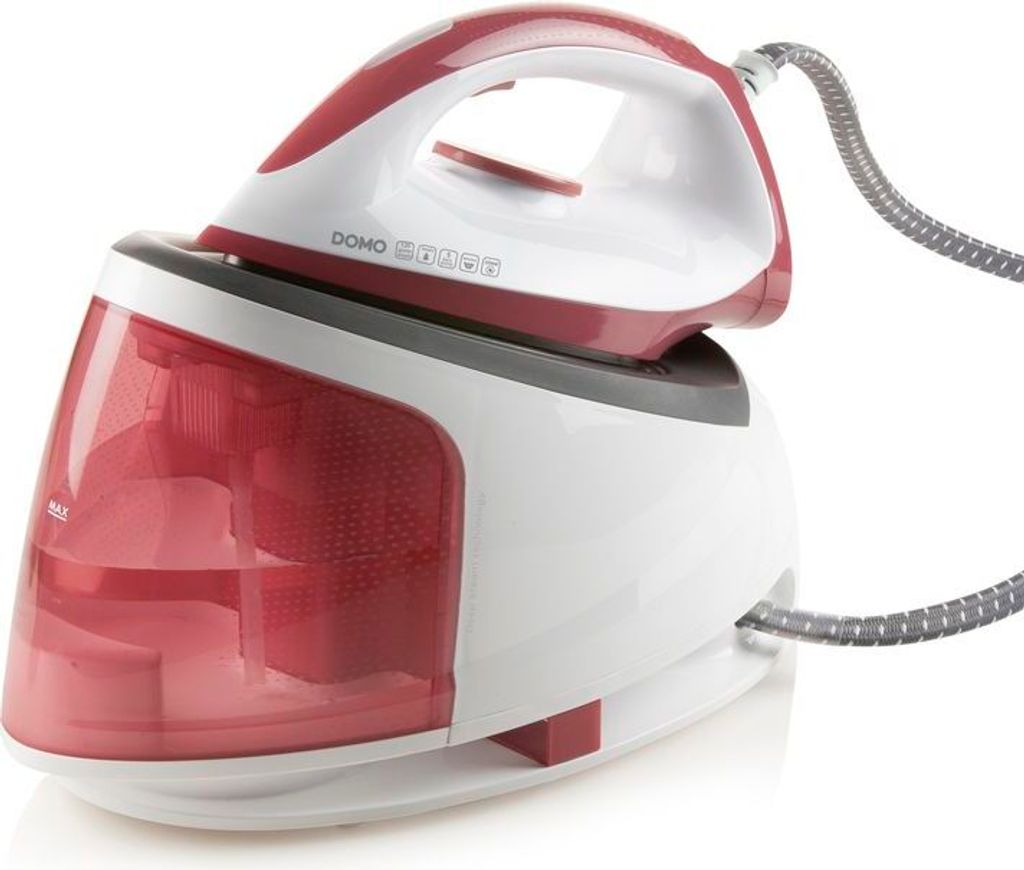 A steam generator iron and its base are displayed against a white background.