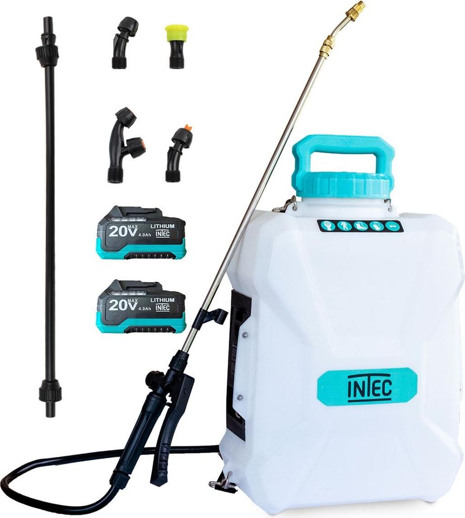 Batterie-Spritzgerät 20V 12L 5 Bar + 2 Lithium-Batterien 4,0Ah + Ladegerät + 2 Faser- und Edelstahldüsen + 4 INTEC-Düsen
