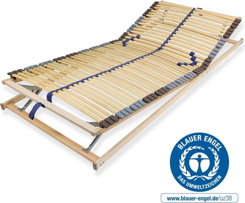 Lattenrost 100x200 cm verstellbares Kopf & Fußteil vormontiert Blauer Engel- 42 Latten 7-Zonen Traglast 150 kg Birkenschichtholz