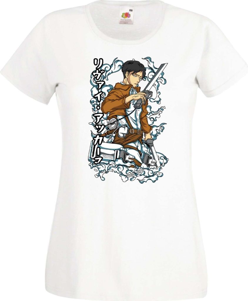 Damen T-Shirt Anime Manga Attack Anime On Titan Levi Ackerman 03 Leviack, Lady S / Weiß