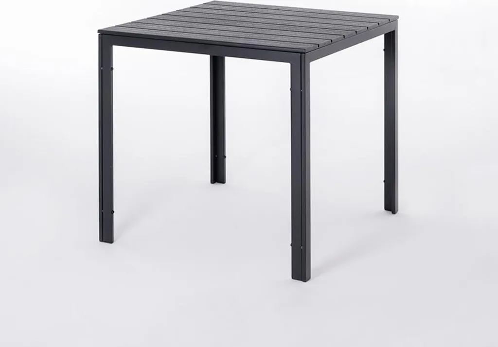 Table de terrasse 78x78 cm compacte acier noir et plateau bois GABRIEL