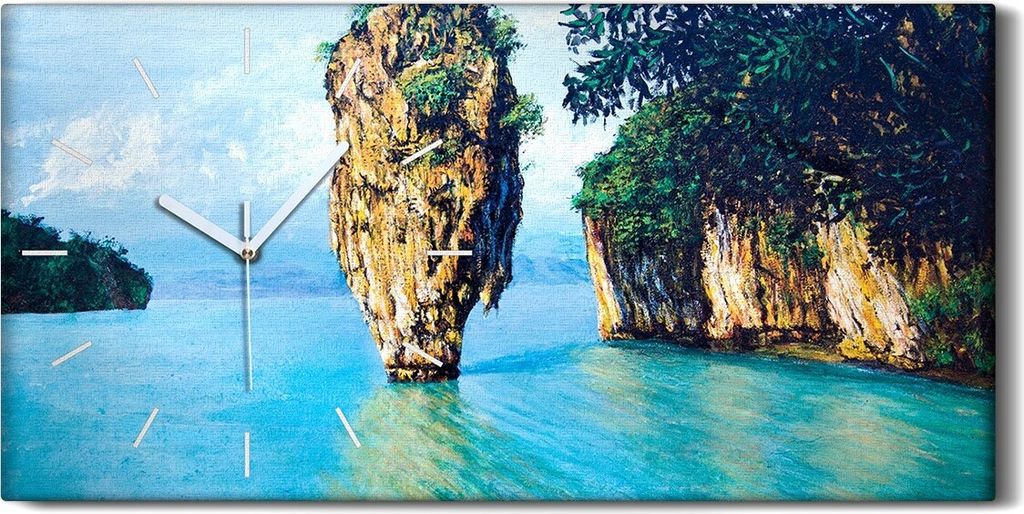 Küche Wohnzimmer Wand Leinwand Uhr 60x30 Wandbild Felsen Insel auf dem Meer - weiße Hände