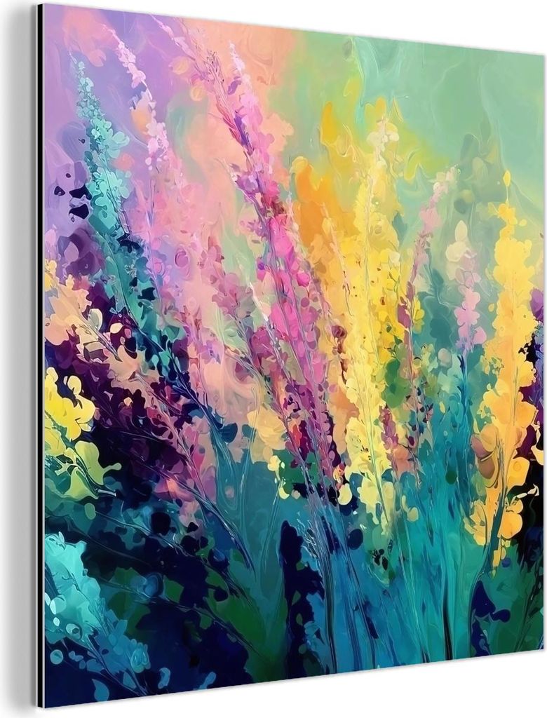 MuchoWow Wanddekoration Metall Metallbild Wandkunst 50x50 cm Verträumt - langgestreckte Blumen MuchoWow Aluminium Gemälde - Alubild - Industrial