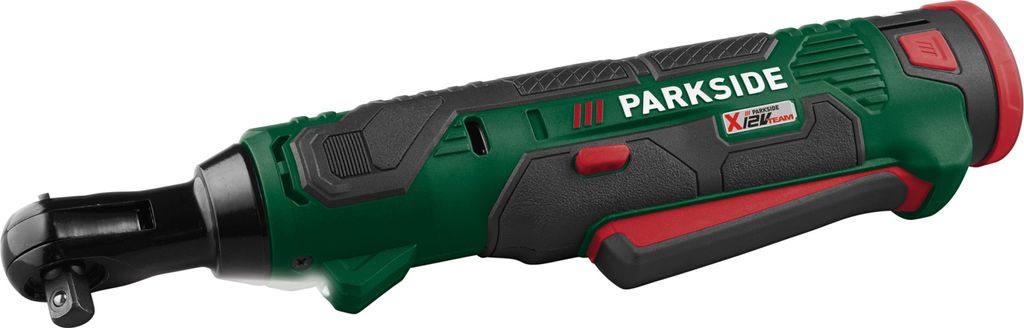 A cordless ratchet tool is shown against a white background.