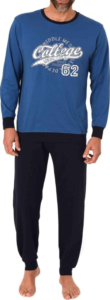 Normann Herren langarm Schlafanzug mit Bündchen Pyjama mit Frontprint in toller Optik ; blau , 50