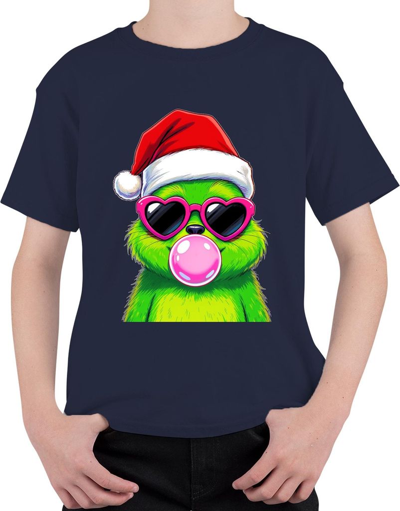 Weihnachtsmonster Grün Bubblegum Kaugummi Herzbrille Santa Cool Uni Kinder T-Shirt, Navy, 104