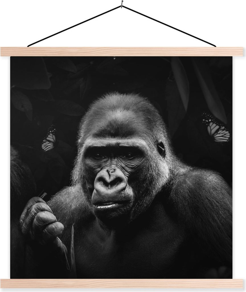 MuchoWow Textilposter Tiere - Schmetterling - Affe - Schwarz - Weiß 120x120 cm mit holzfarbenen Rahmen - Textil-Poster