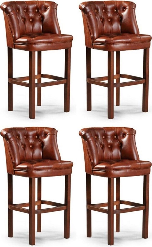 Casa Padrino Luxus Chesterfield Leder Barstuhl 4er Set Braun 63 x 56 x H. 107 cm - Gepolsterte Echtleder Barhocker - Chesterfield Möbel - Chesterf...