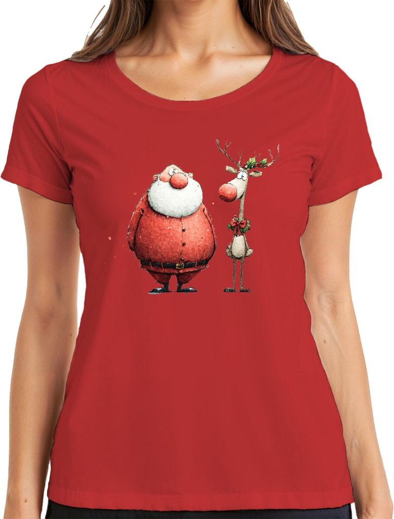 Lustiger Weihnachtsmann Rentier Aquarell Geschenk Retro Damen T-Shirt, Rot, 3XL