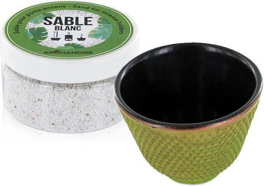 Grüne Räucherstäbchenhalter-Tasse + weißer Sand