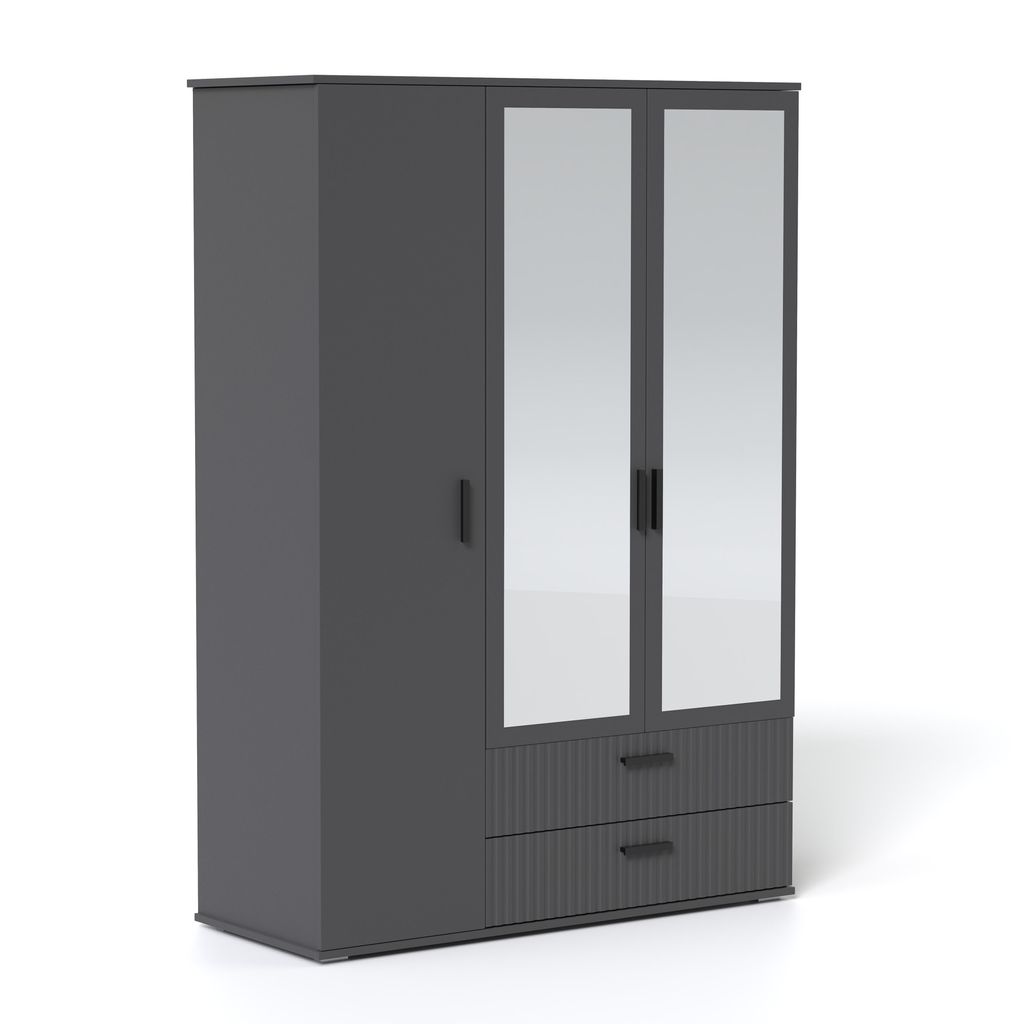 Kleiderschrank LUNA 125 cm Anthrazit 3-türig mit Spiegel Produktbild 