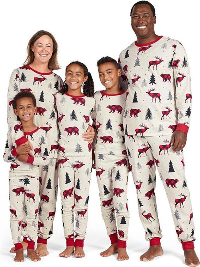 ASKSA Weihnachten Familie Pyjama Set Lange Sleepwear Nachtwaesche aermel Niedlich Elch Druck Rundhal Sausschnitt Plaid Schlafanzug,Weiss,Papa,3XL
