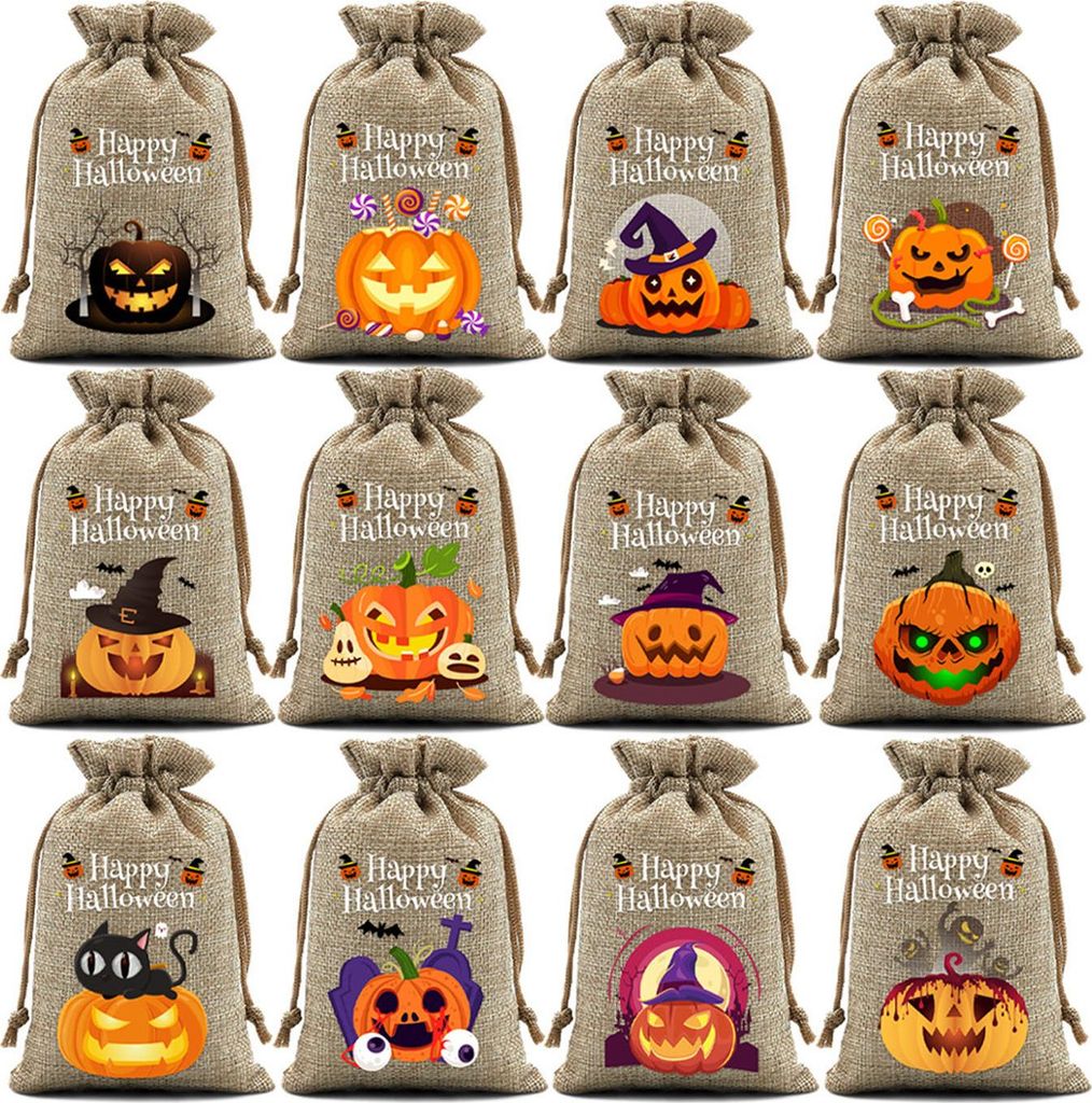 12 Stück Halloween-Kürbis-Geschenktüten aus Sackleinen, kleine Goodie-Treat-Tasche mit Kordelzug, Halloween-Leinen-Jute-Süßigkeitentüte für ...