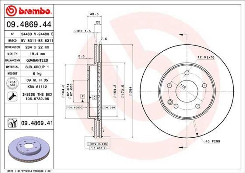 BREMBO 09.4869.41 Bremsscheibe OE 2024210712 kompatibel mit C-Klasse