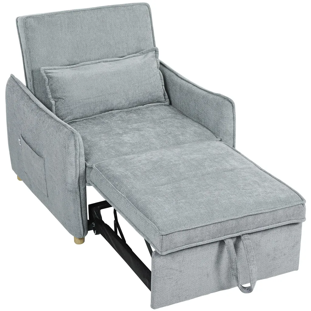 Chauffeuse convertible 1 place, fauteuil-lit en chenille grise douce - 2