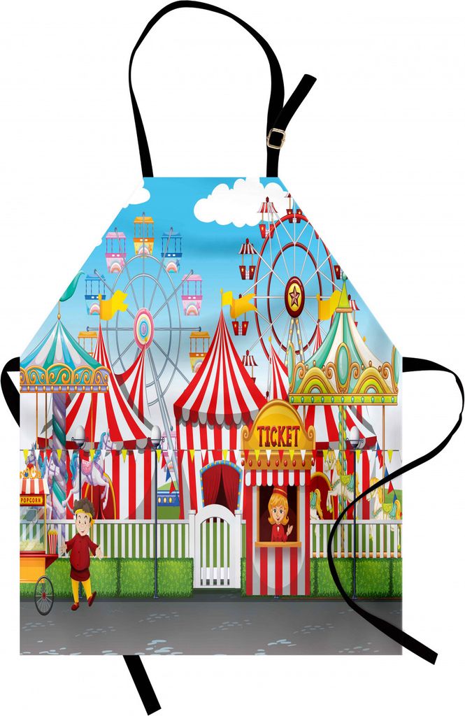 ABAKUHAUS Zirkus Kochschürze, Karneval mit vielen Fahrten und Shops Illustration Landschaft und bewölkten Himmel View Print, Farbfest Höhenverst...