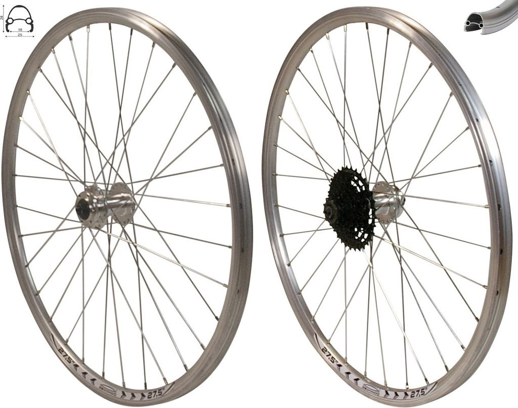 REDONDO 27,5 Zoll Laufrad Set VR + HR Disc Felge Silber + 8 fach Kassette