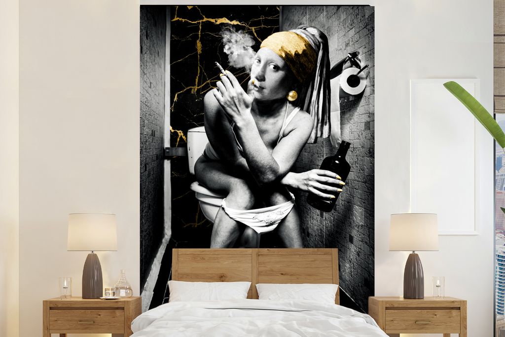 MuchoWow Fototapete für Wohnzimmer oder Schlafzimmer Wandtapete Vinyl Motivtapete Marmoroptik - Mädchen mit Perlenohrring - Zigaretten - Toilet...