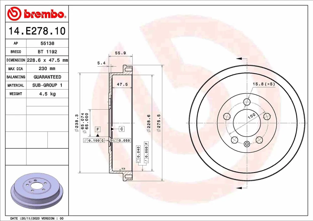 Brembo 14.E278.10 Tambour de Frein Arrière OE 6RU609617A pour Rapid NH