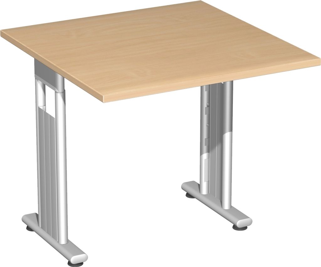 Schreibtisch höhenverstellbar, beidseitig zurückgesetzt, 800x800x680-820, Buche/Silber