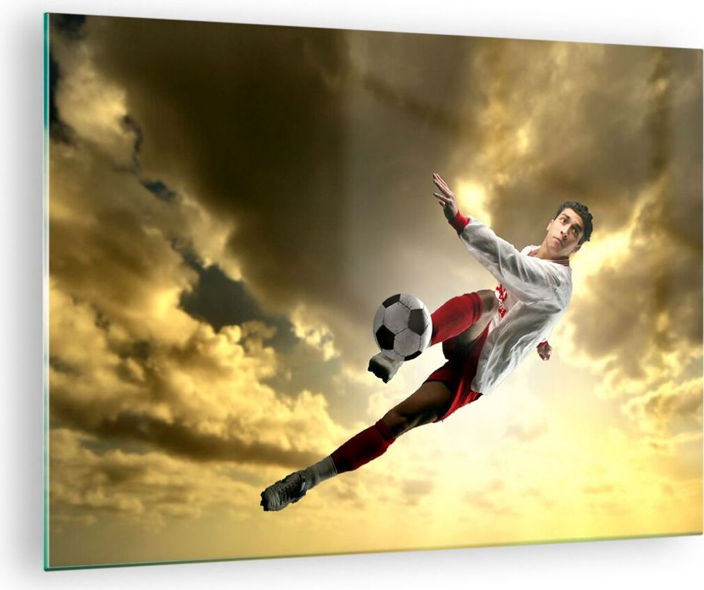 Bilder auf glas - Ball Junge Fußball Training - 70x50cm - Glasbilder - Wandbilder - Kunstdruck - zum Aufhängen bereit - Wanddekoration aus Glas -...