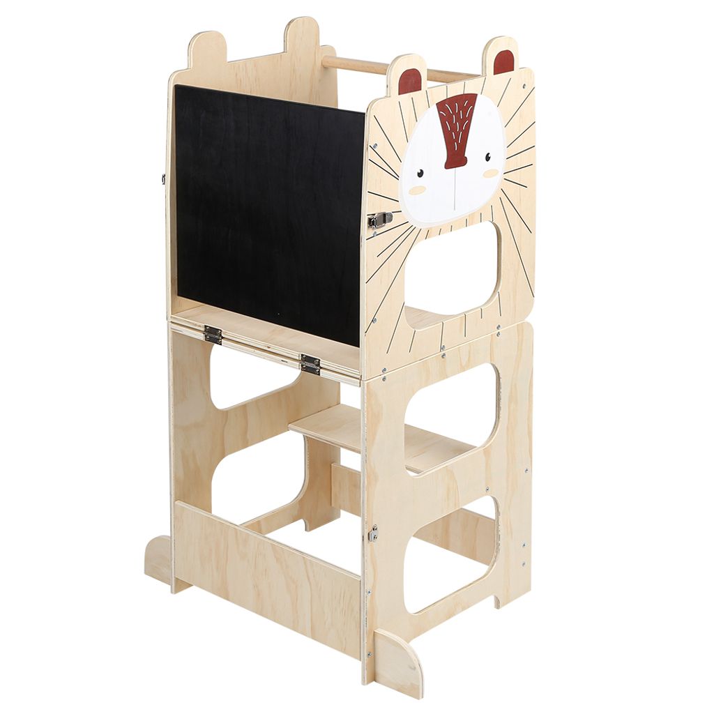 2 in 1 Lernturm für Kinder,Montessori Stehhilfe mit Tafel,Holz Verwandelbar Lernturm Kleinkind Küchenhelfer Tritthocker für ab 1 Jahr(Igel-Stil)