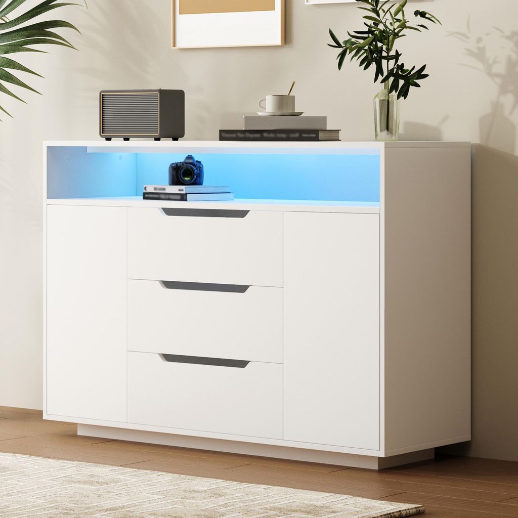 Moderner weißer Multifunktionsschrank mit offenem Regal, drei Schubladen und beidseitigen Türen. Weiße Mattoptik mit Metallschienen und abgerund...
