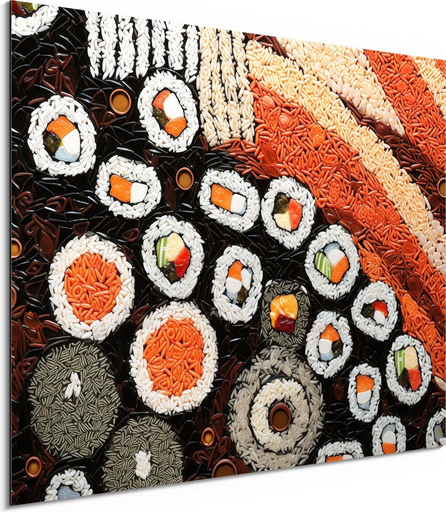 DEQORI Alu-Dibond Bild Weiß 80x60 cm 'Sushi-Symphonie' Wandbild Metall dünn Design
