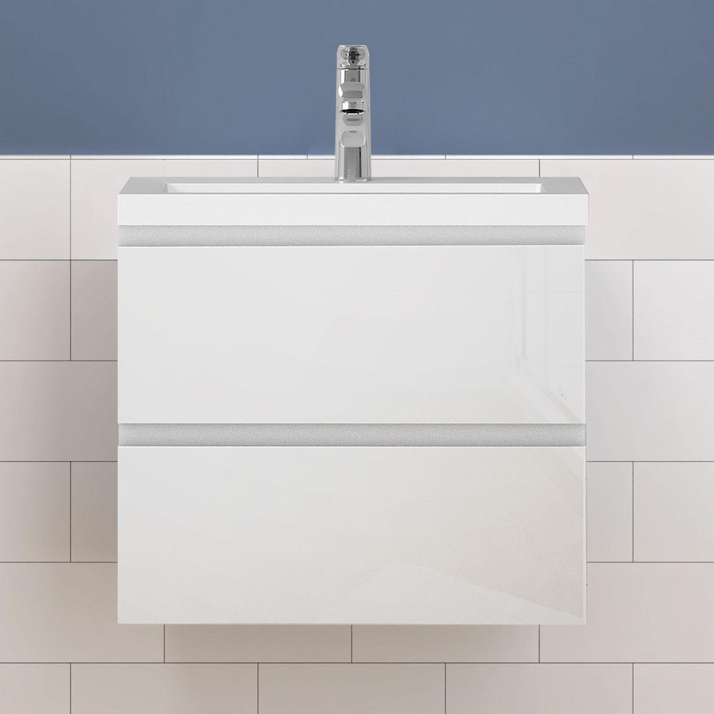 Waschtisch mit Unterschrank 60cm Alast Badmöbel Set Hochglanz Weiß Rechteckiges Waschbecken mit Unterschrank MDF Softclose