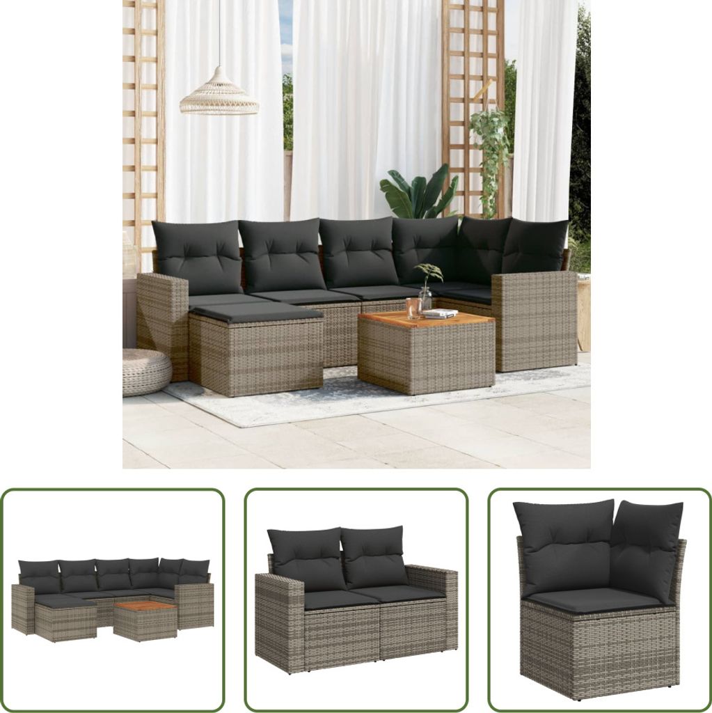 The Living Store 7-tlg. Garten-Sofagarnitur mit Kissen Grau Poly Rattan
