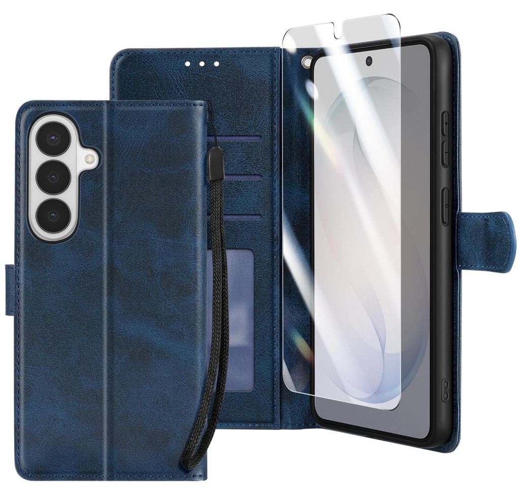 Enkay, Wallet Etui mit Panzerglas und Handschlaufe für Galaxy S26, Nachtblau